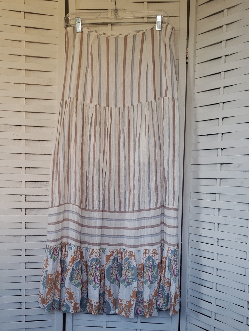 Aratta Silent Journey Striped Maxi Skirt with Floral Ruffle Size S